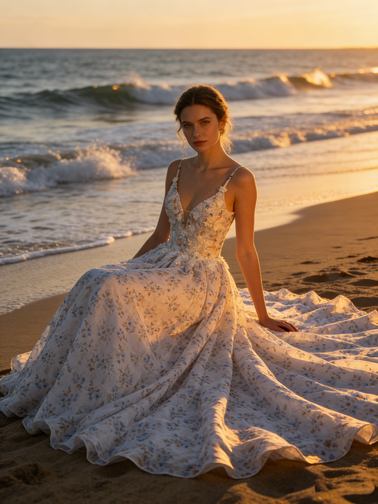 CS161 Romantic Floral Print A-Line Wedding Dress with Deep V-Neck & Open Back