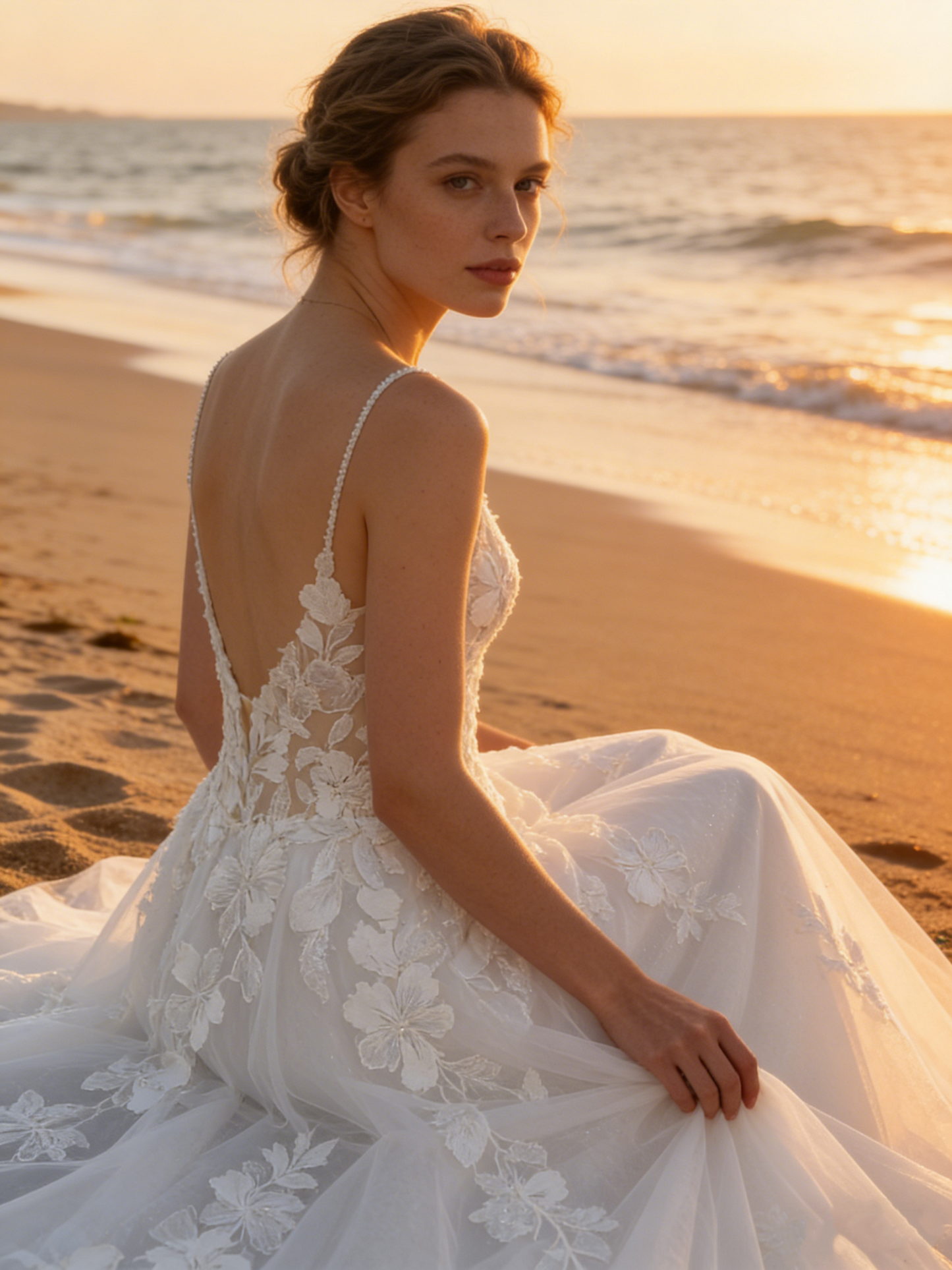 CS174 Romantic 3D Floral Lace Spaghetti Strap A-Line Wedding Dress with Illusion Open Back & Cathedral Train