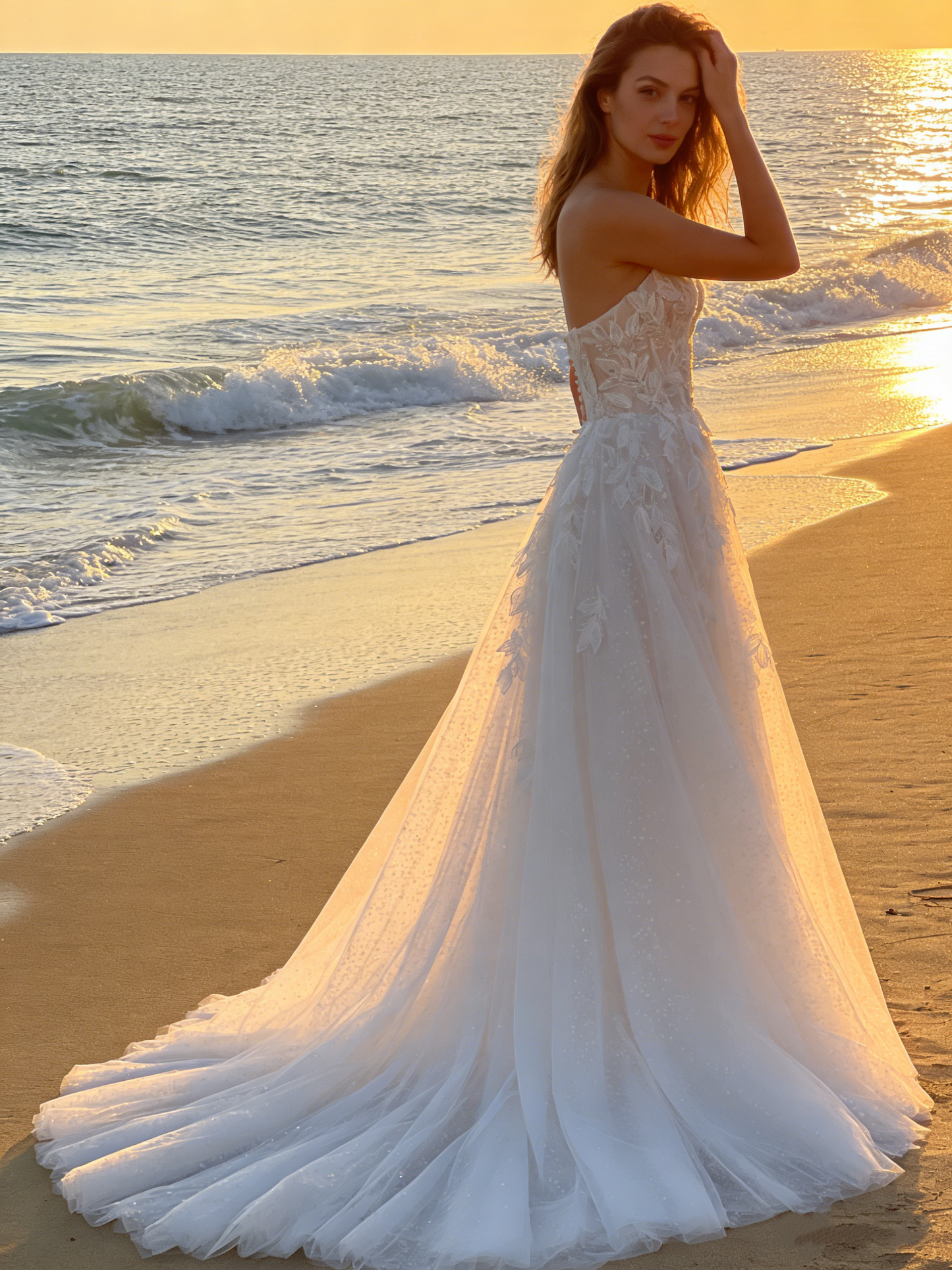 CS147 Romantic Leaf Lace Strapless A-Line Wedding Dress with Button Back & Ruffled Train