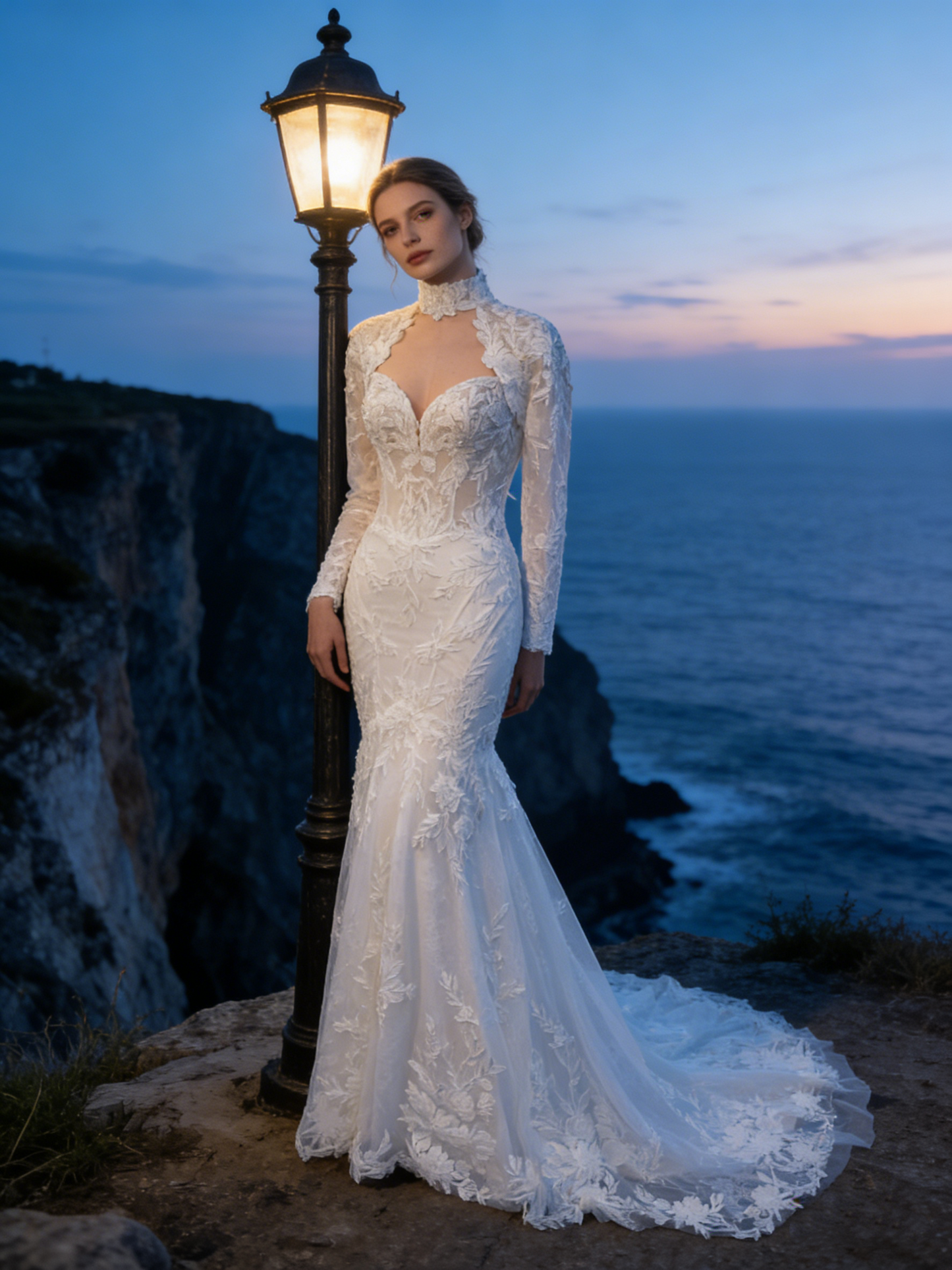 ZT005  Elegant High Neck Long Sleeve Mermaid Wedding Dress with 3D Lace Appliqué & Keyhole Cutout