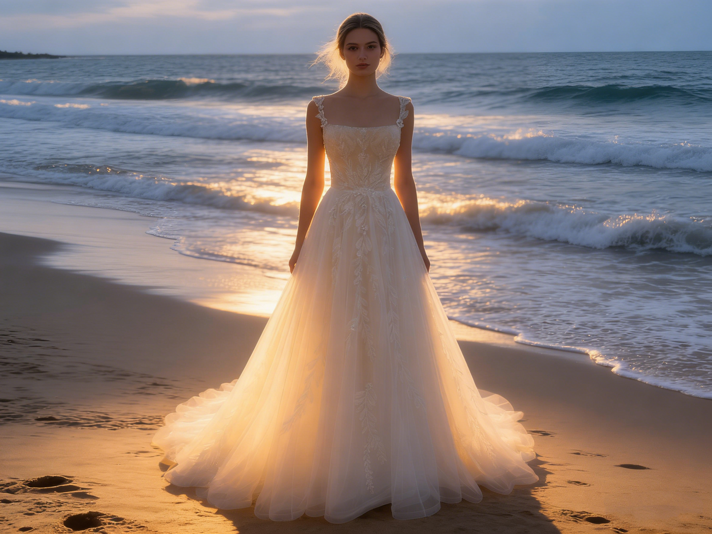 CS00007 Elegant Floral Embroidered A-Line Wedding Dress with Square Neck & Detachable Train