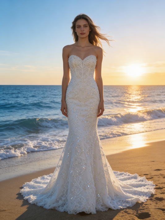 CS121 Luxury Beaded Lace Off-the-Shoulder Mermaid Wedding Dress with Cathedral Train