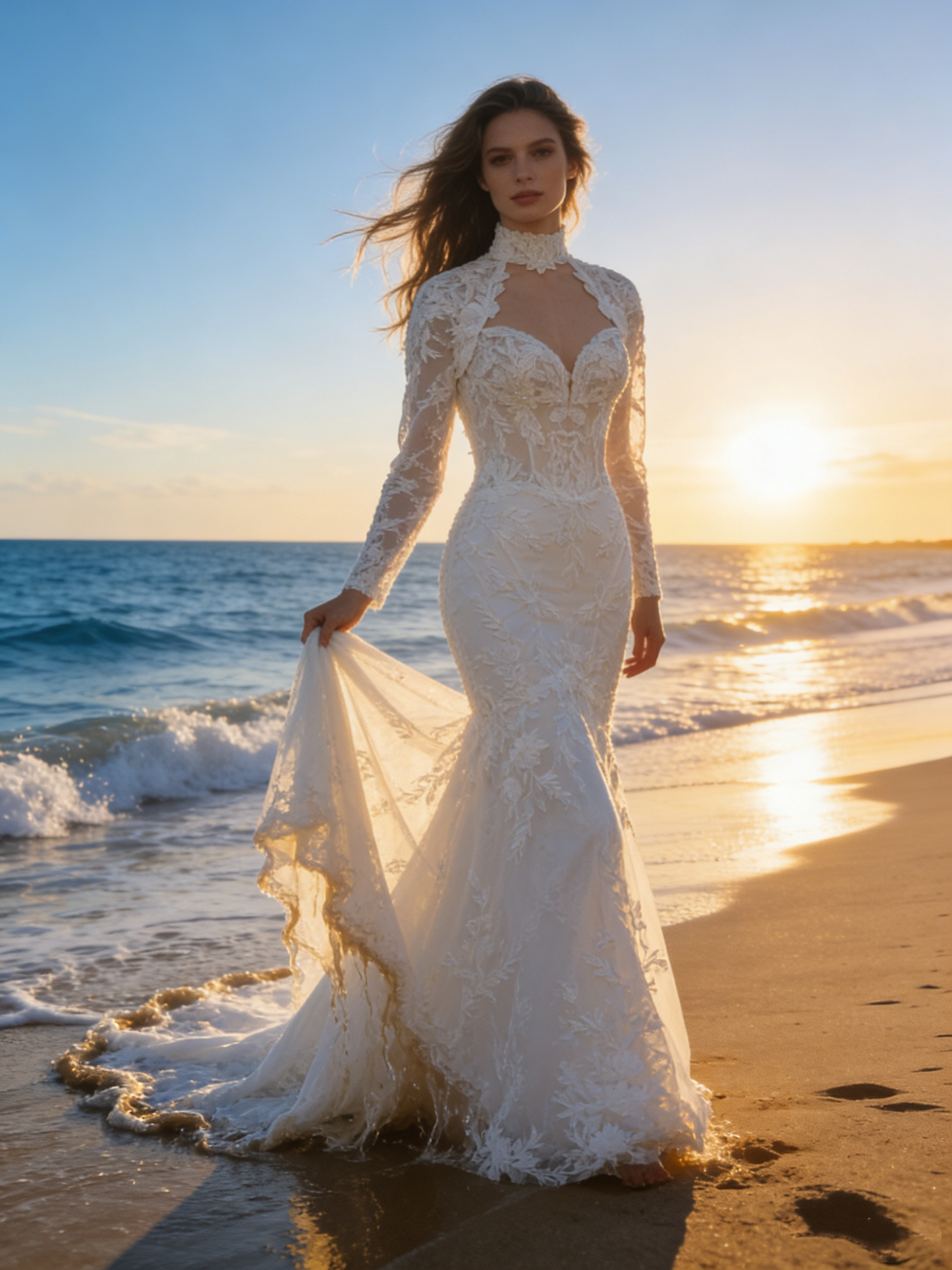 ZT005  Elegant High Neck Long Sleeve Mermaid Wedding Dress with 3D Lace Appliqué & Keyhole Cutout