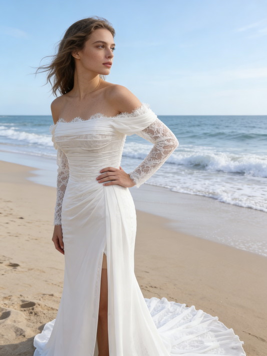 CS122 Elegant Off-the-Shoulder Mermaid Wedding Dress with Lace Long Sleeves & Slit