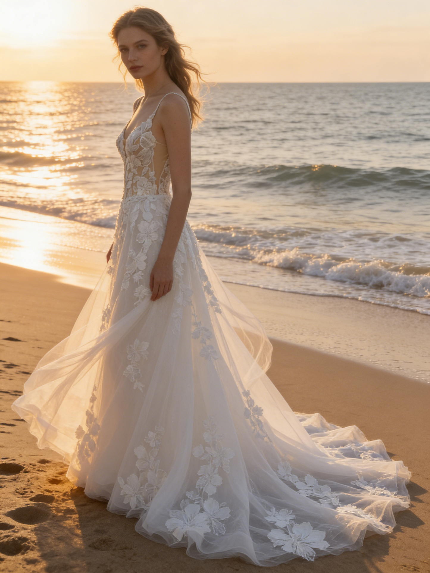 CS174 Romantic 3D Floral Lace Spaghetti Strap A-Line Wedding Dress with Illusion Open Back & Cathedral Train