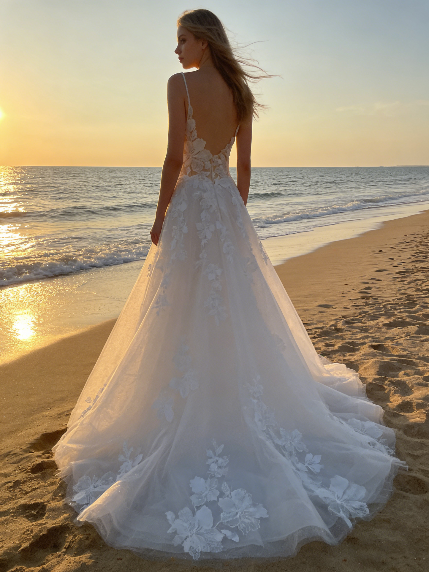 CS174 Romantic 3D Floral Lace Spaghetti Strap A-Line Wedding Dress with Illusion Open Back & Cathedral Train