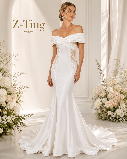 ZT021 Off-the-Shoulder Satin Mermaid Wedding Dress with Side Lace Appliqués