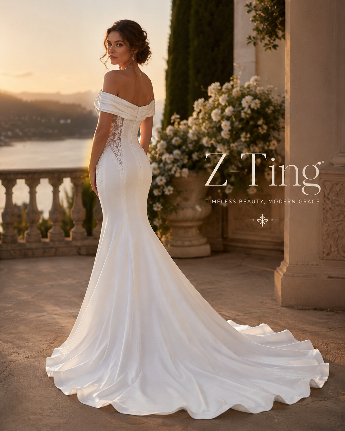 ZT021 Off-the-Shoulder Satin Mermaid Wedding Dress with Side Lace Appliqués