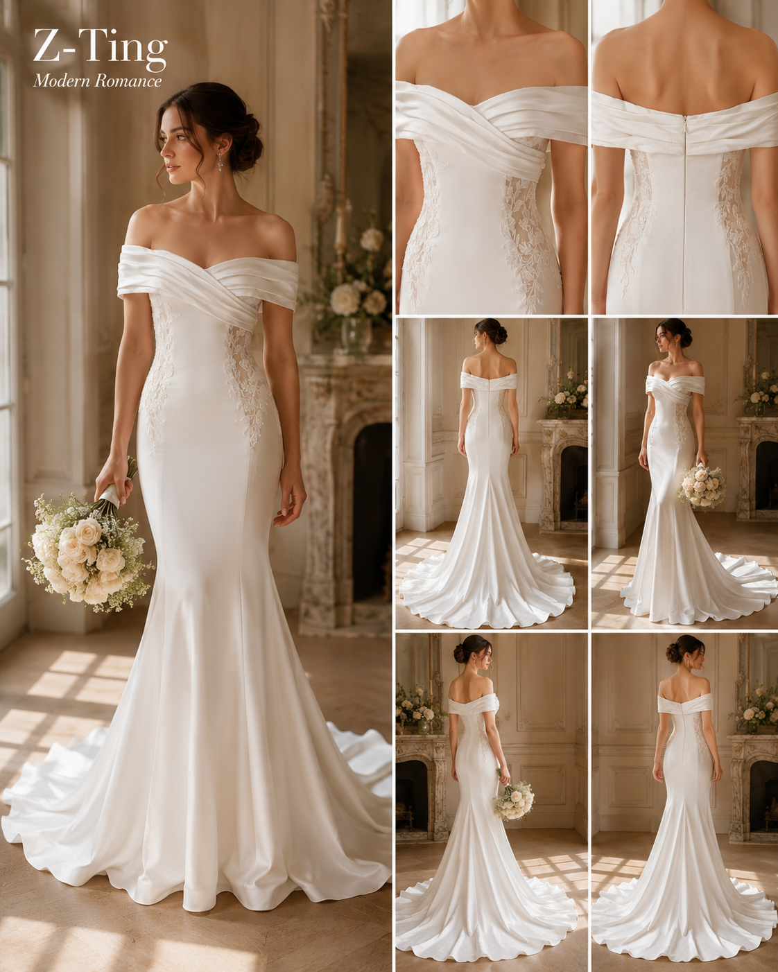 ZT021 Off-the-Shoulder Satin Mermaid Wedding Dress with Side Lace Appliqués