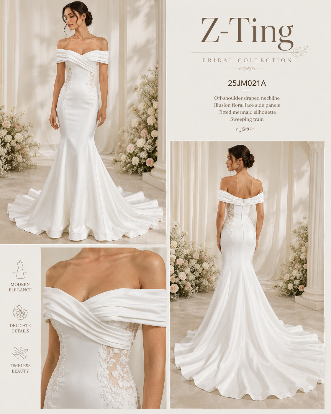 ZT021 Off-the-Shoulder Satin Mermaid Wedding Dress with Side Lace Appliqués