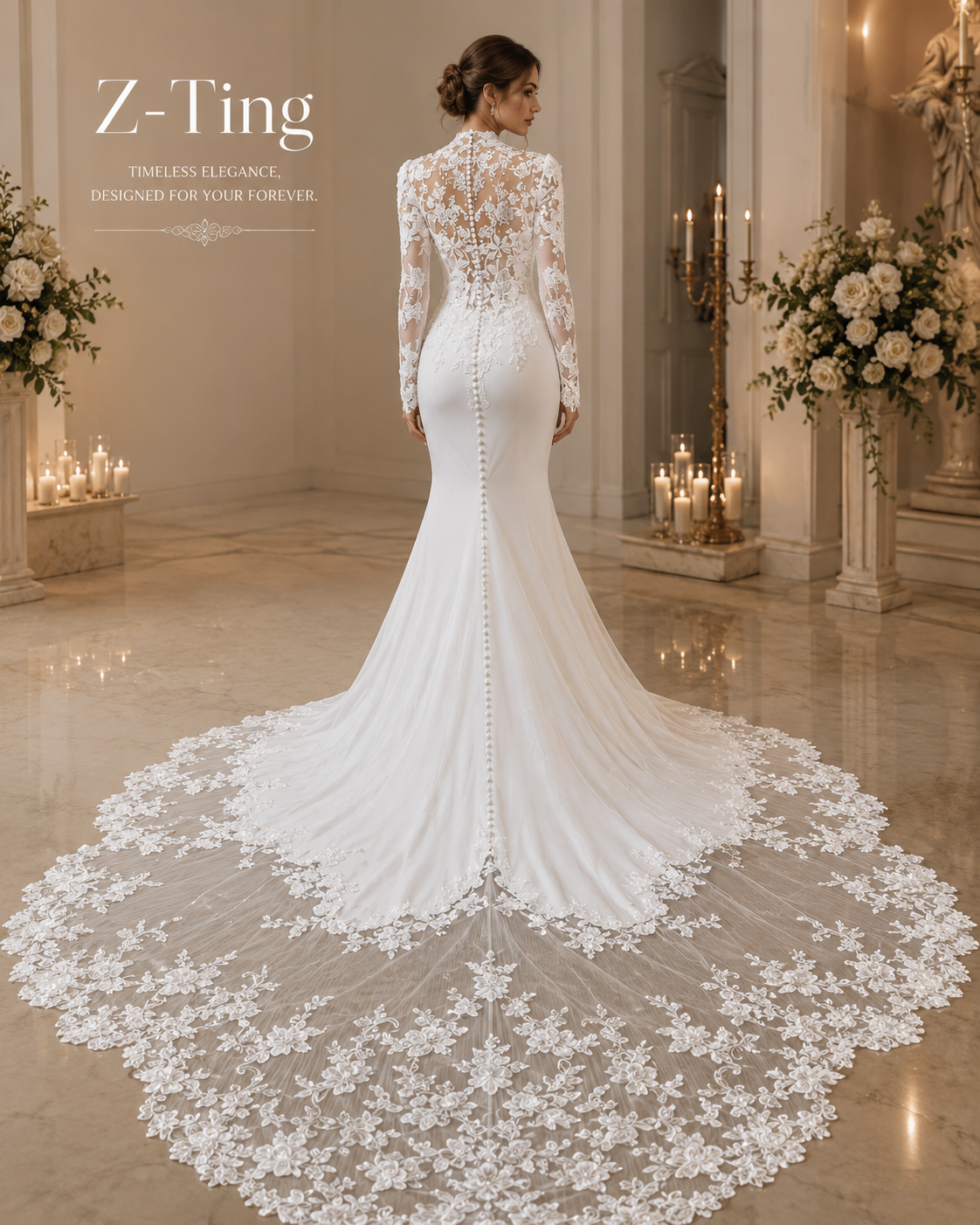 CS029 Luxury Mermaid Wedding Dress 3D Floral Lace Long Sleeve Corset Bridal Gown