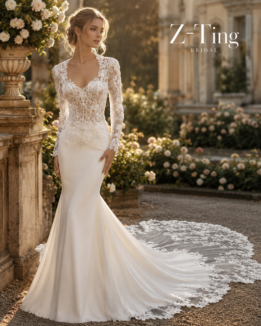 CS029 Luxury Mermaid Wedding Dress 3D Floral Lace Long Sleeve Corset Bridal Gown
