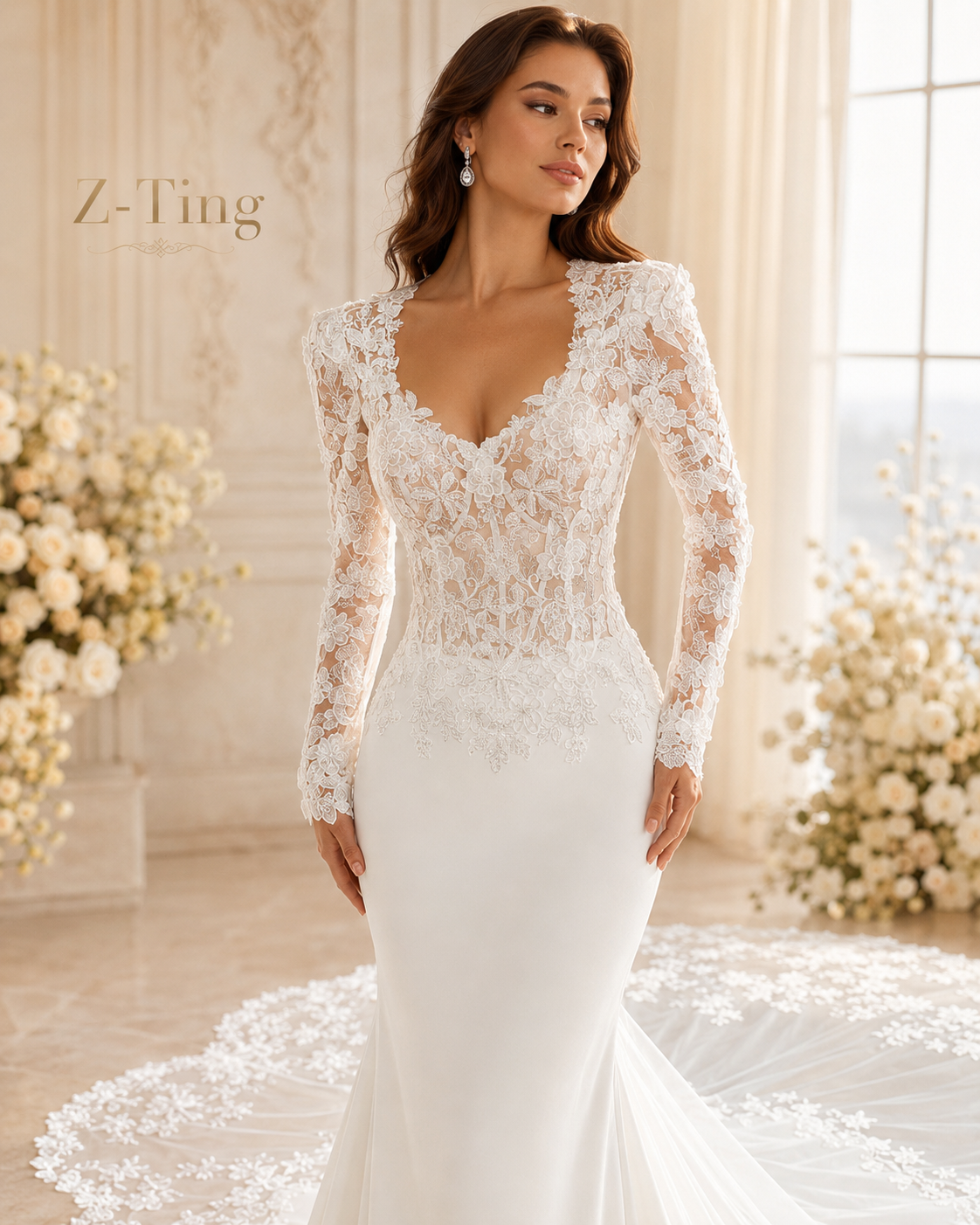 CS029 Luxury Mermaid Wedding Dress 3D Floral Lace Long Sleeve Corset Bridal Gown