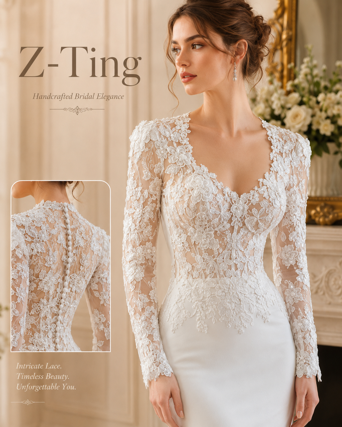 CS029 Luxury Mermaid Wedding Dress 3D Floral Lace Long Sleeve Corset Bridal Gown