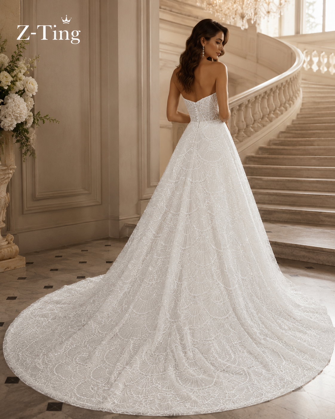 CS206 Strapless Sweetheart Beaded Ballgown Wedding Dress with Convertible Short Mini Skirt & Cathedral Train