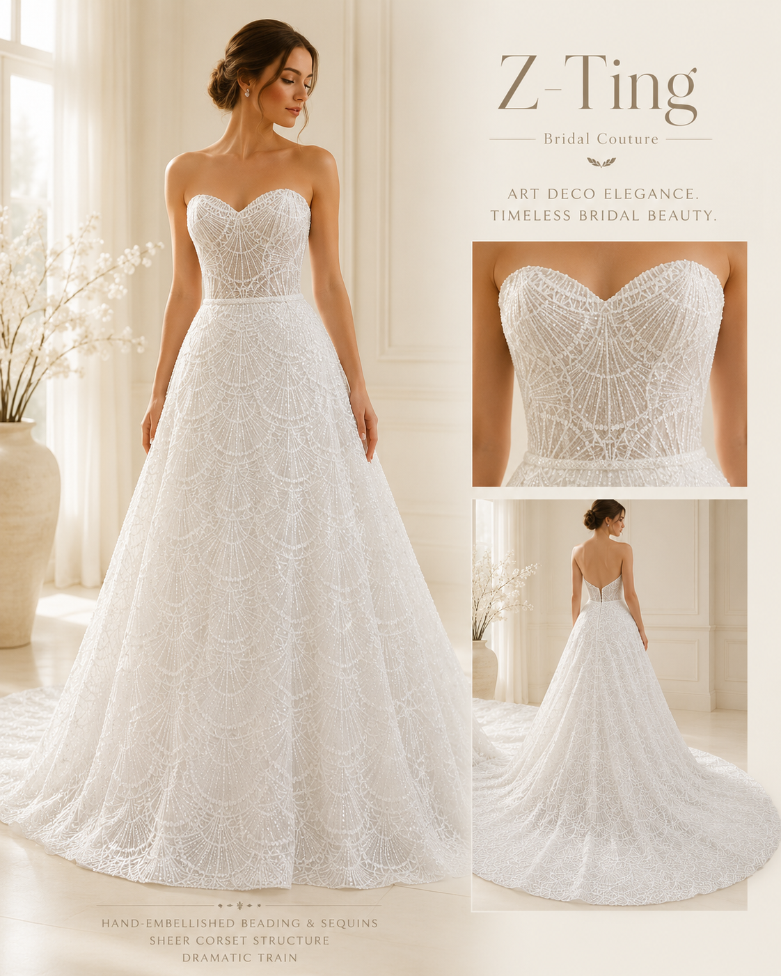 CS206 Strapless Sweetheart Beaded Ballgown Wedding Dress with Convertible Short Mini Skirt & Cathedral Train