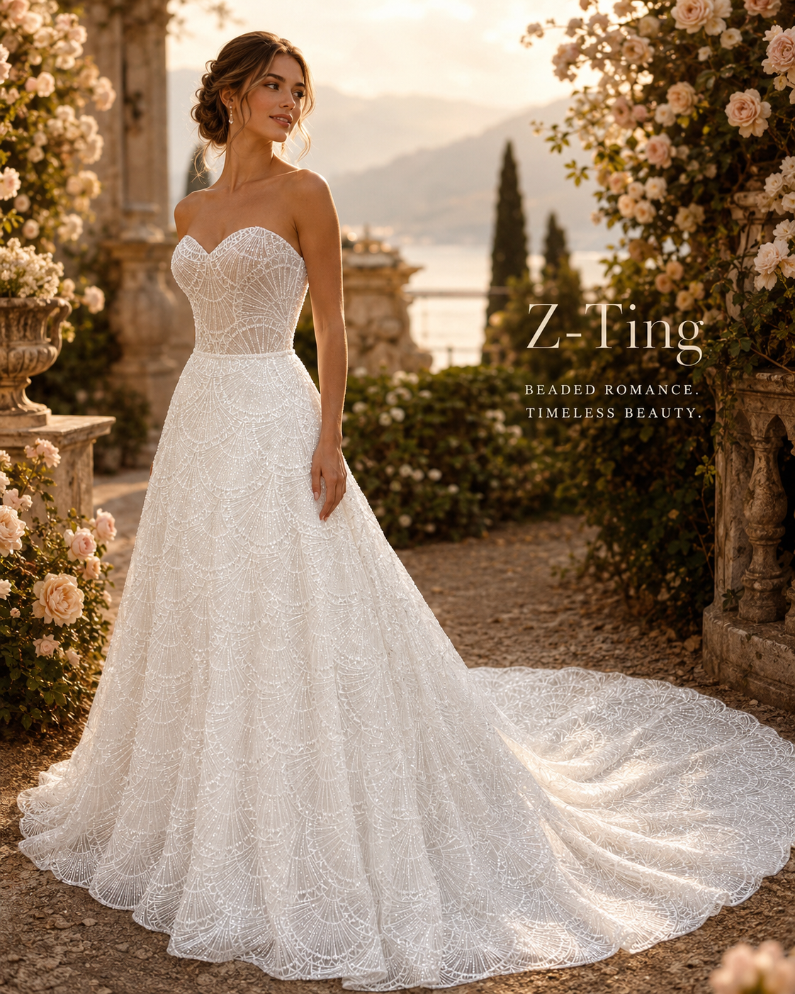 CS206 Strapless Sweetheart Beaded Ballgown Wedding Dress with Convertible Short Mini Skirt & Cathedral Train