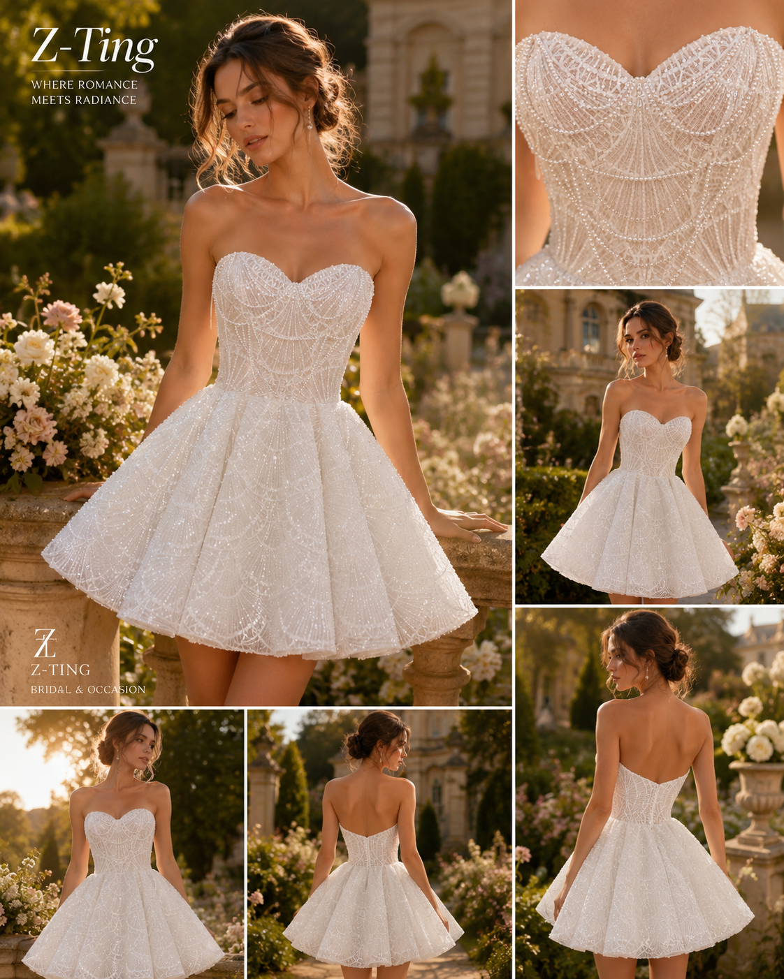CS206 Strapless Sweetheart Beaded Ballgown Wedding Dress with Convertible Short Mini Skirt & Cathedral Train