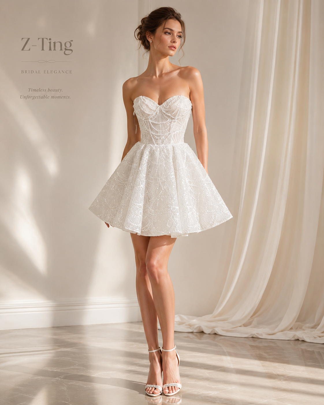 CS206 Strapless Sweetheart Beaded Ballgown Wedding Dress with Convertible Short Mini Skirt & Cathedral Train