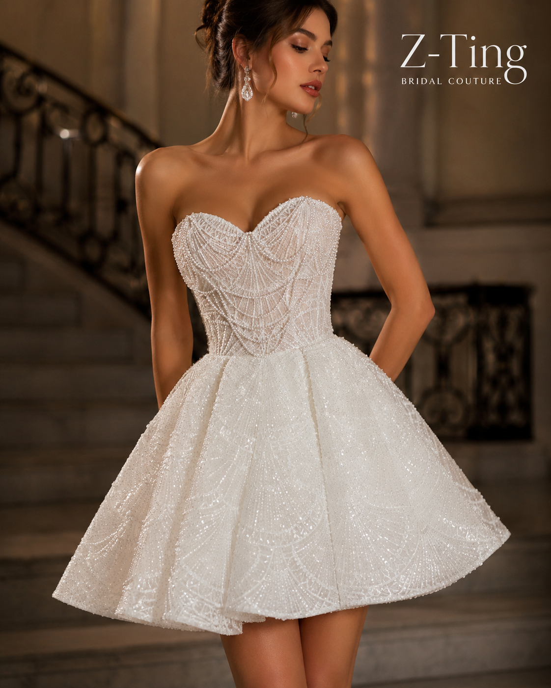 CS206 Strapless Sweetheart Beaded Ballgown Wedding Dress with Convertible Short Mini Skirt & Cathedral Train