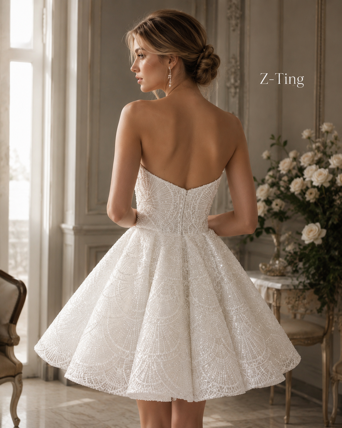 CS206 Strapless Sweetheart Beaded Ballgown Wedding Dress with Convertible Short Mini Skirt & Cathedral Train