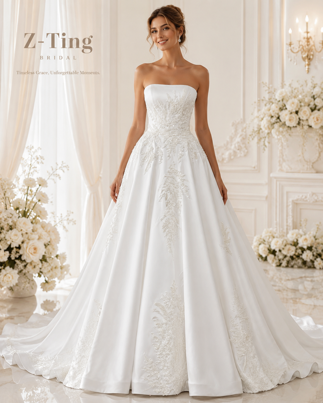 CS215 Strapless Luxurious Satin Ballgown Wedding Dress with Beaded Lace Appliques & Chapel Train
