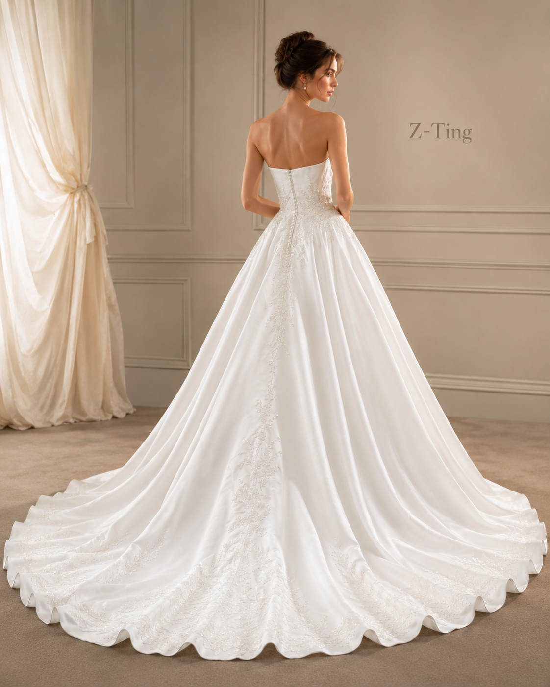 CS215 Strapless Luxurious Satin Ballgown Wedding Dress with Beaded Lace Appliques & Chapel Train