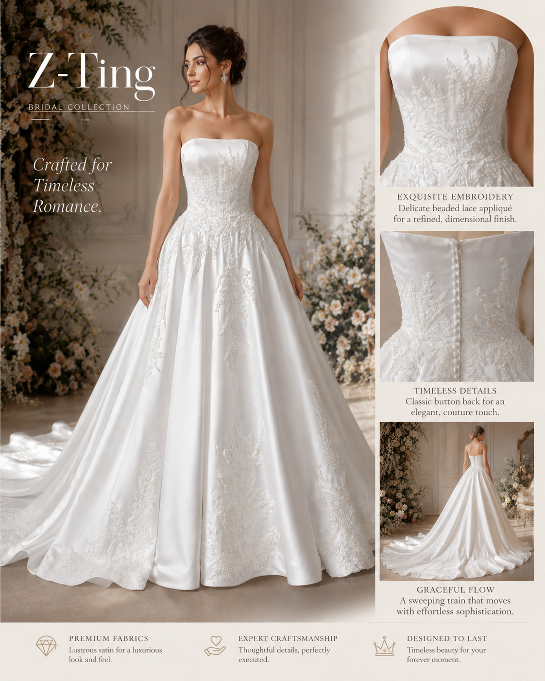 CS215 Strapless Luxurious Satin Ballgown Wedding Dress with Beaded Lace Appliques & Chapel Train