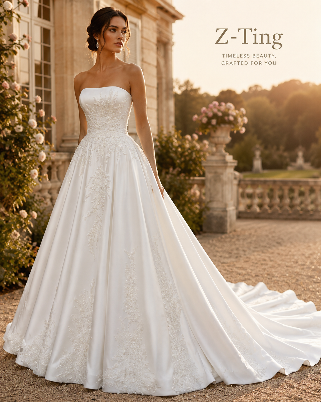 CS215 Strapless Luxurious Satin Ballgown Wedding Dress with Beaded Lace Appliques & Chapel Train