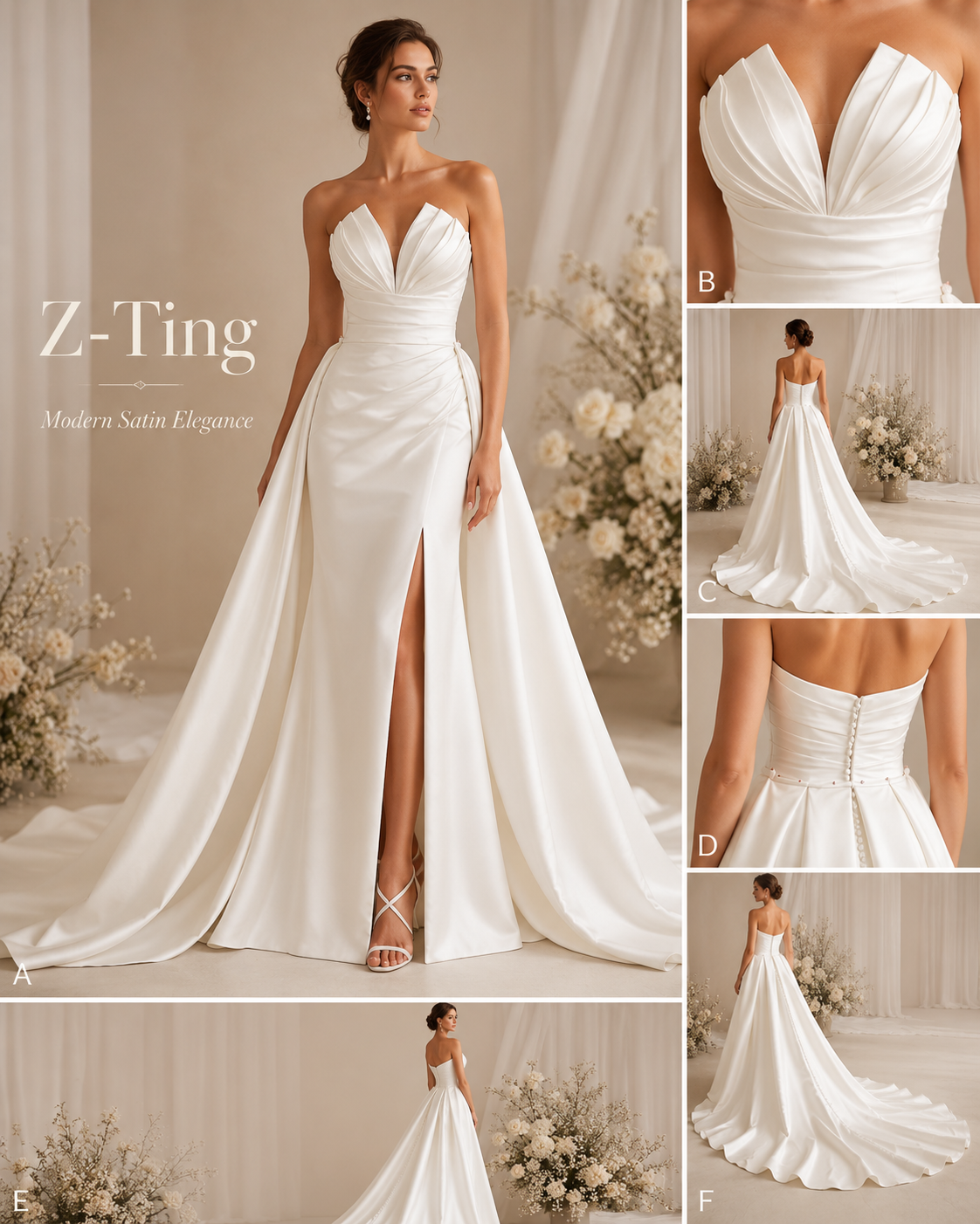 CS219 Elegant Strapless Mermaid Wedding Dress with Detachable Overskirt & High Slit