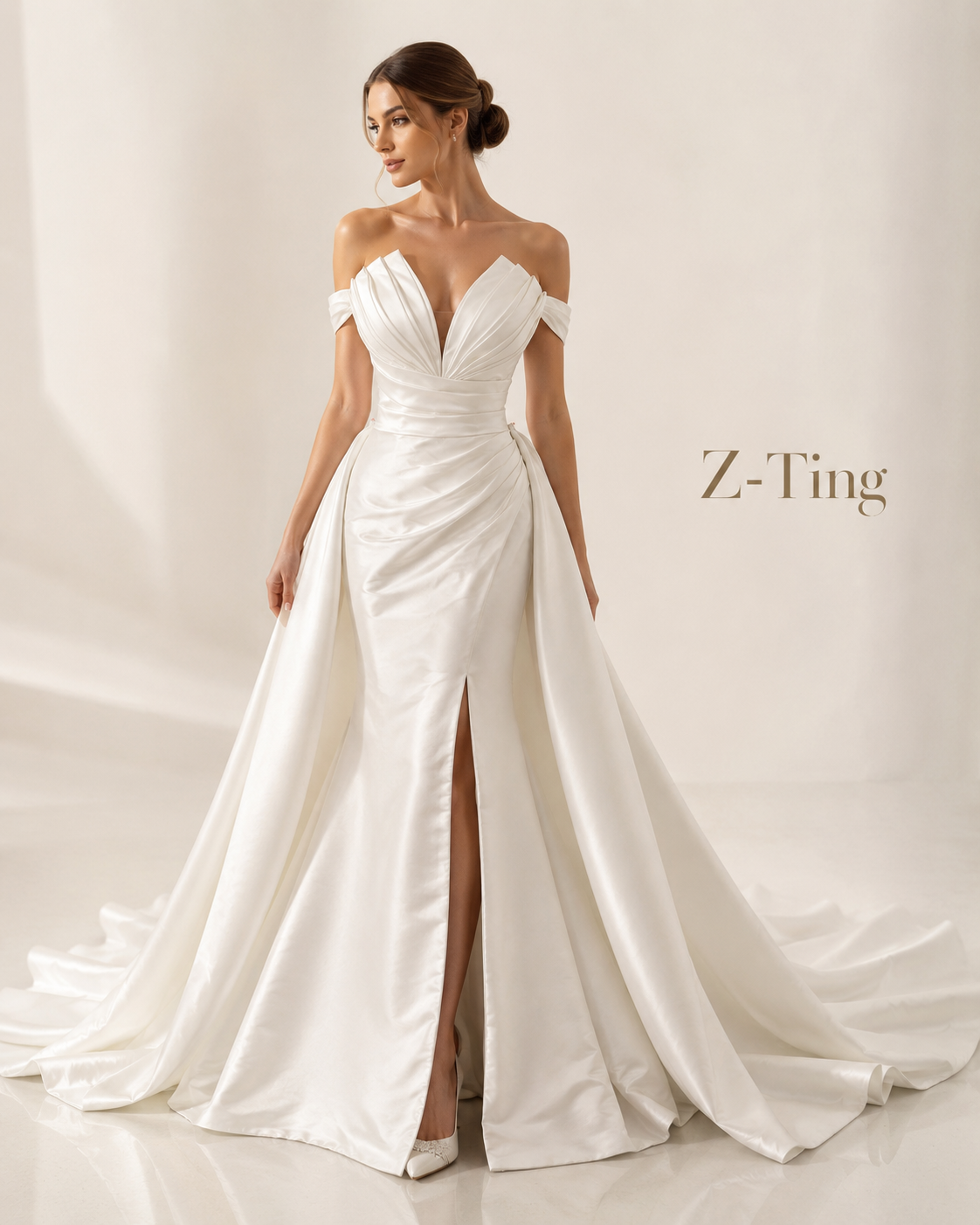 CS219 Elegant Strapless Mermaid Wedding Dress with Detachable Overskirt & High Slit