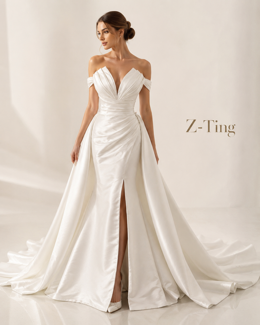 CS219 Elegant Strapless Mermaid Wedding Dress with Detachable Overskirt & High Slit
