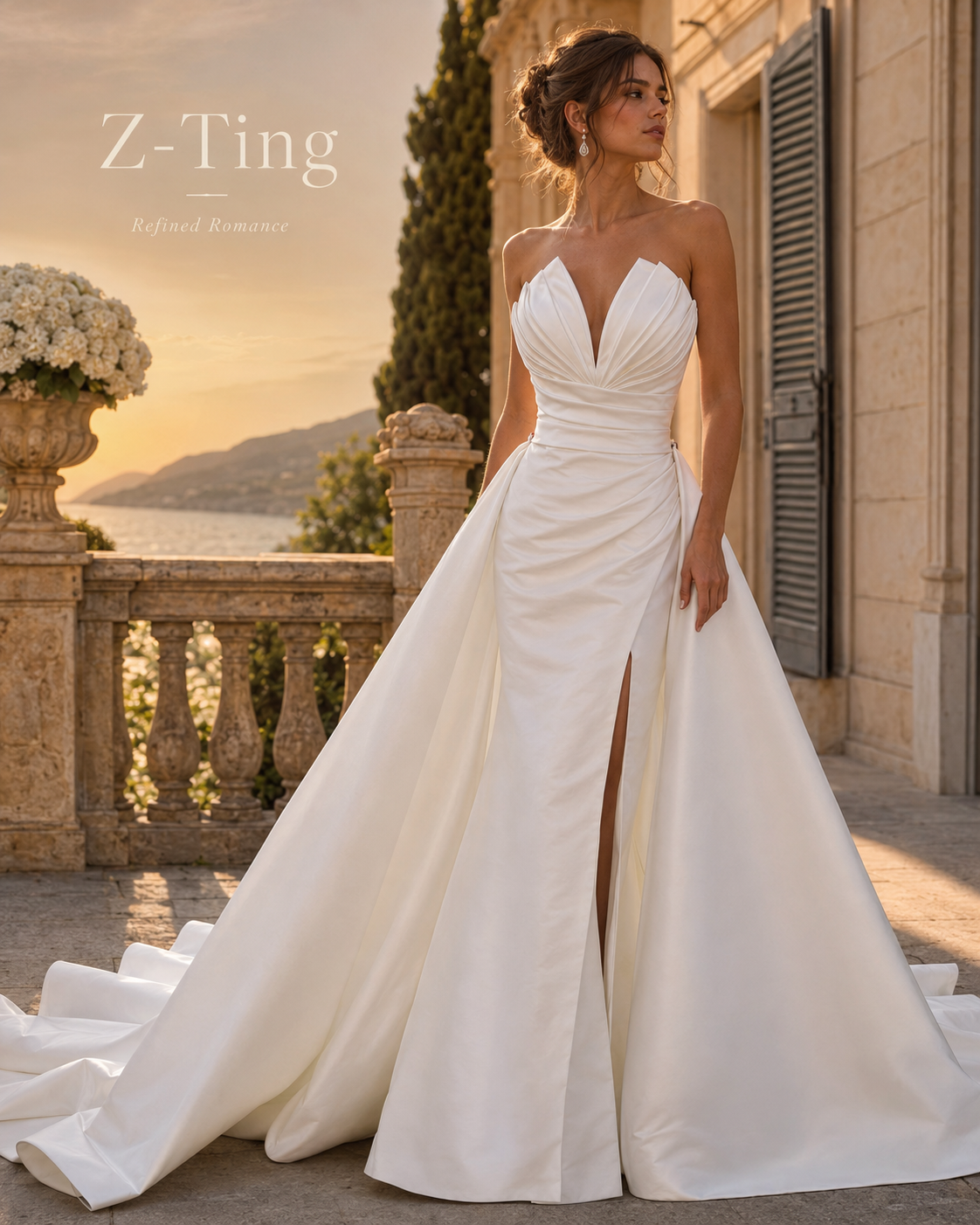 CS219 Elegant Strapless Mermaid Wedding Dress with Detachable Overskirt & High Slit
