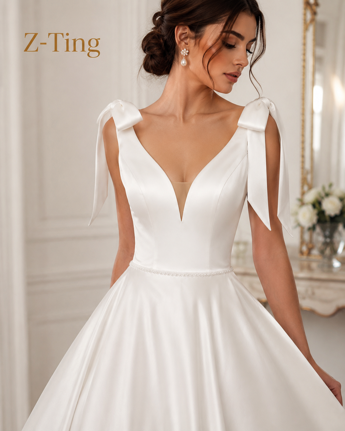 CS224 Bow Strap Deep V Satin A-Line Wedding Dress with Pearl Back Buttons