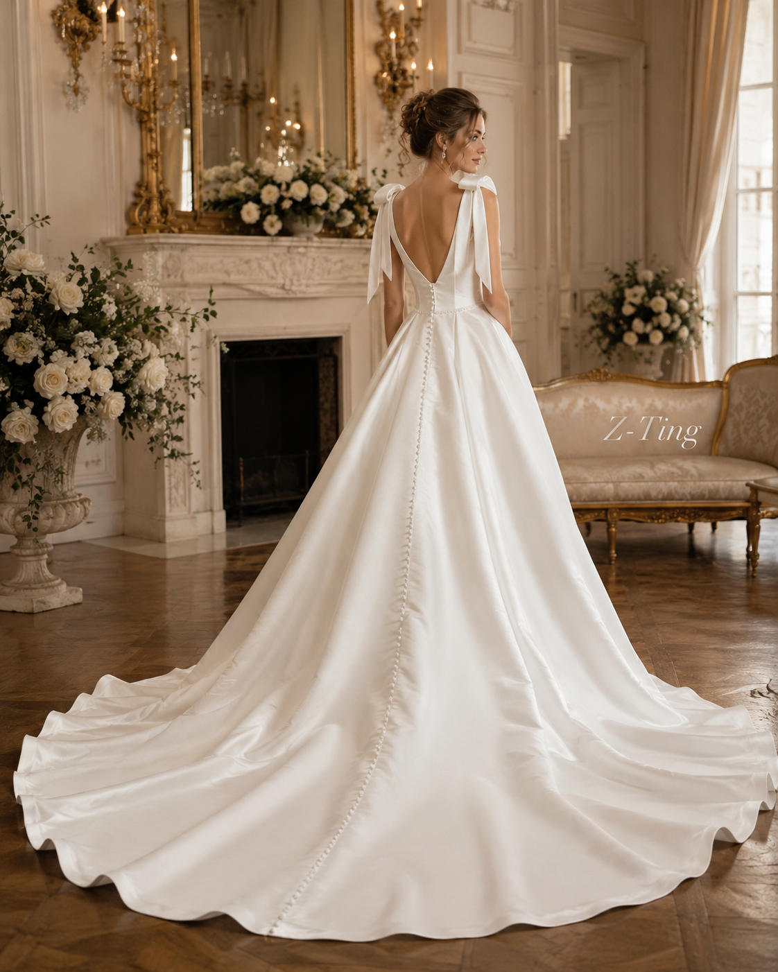 CS224 Bow Strap Deep V Satin A-Line Wedding Dress with Pearl Back Buttons