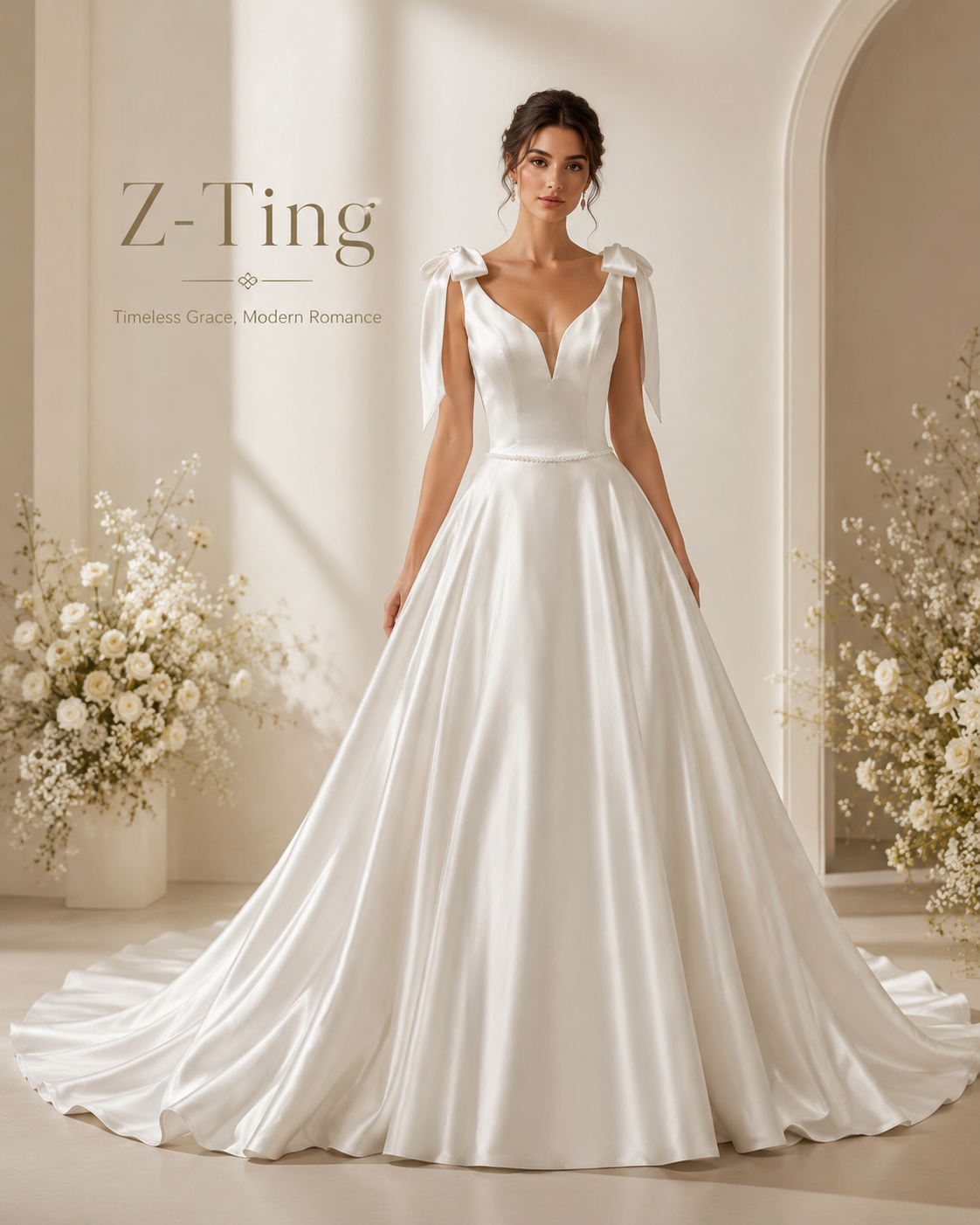 CS224 Bow Strap Deep V Satin A-Line Wedding Dress with Pearl Back Buttons