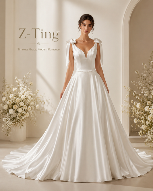 CS224 Bow Strap Deep V Satin A-Line Wedding Dress with Pearl Back Buttons