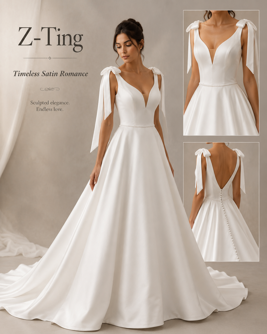 CS224 Bow Strap Deep V Satin A-Line Wedding Dress with Pearl Back Buttons